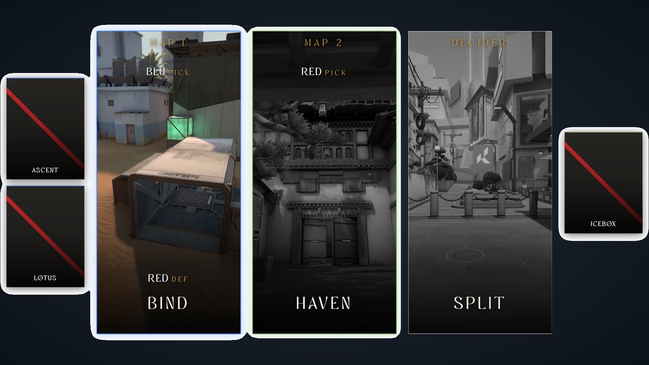 Valorant map veto display with banned and picked maps
