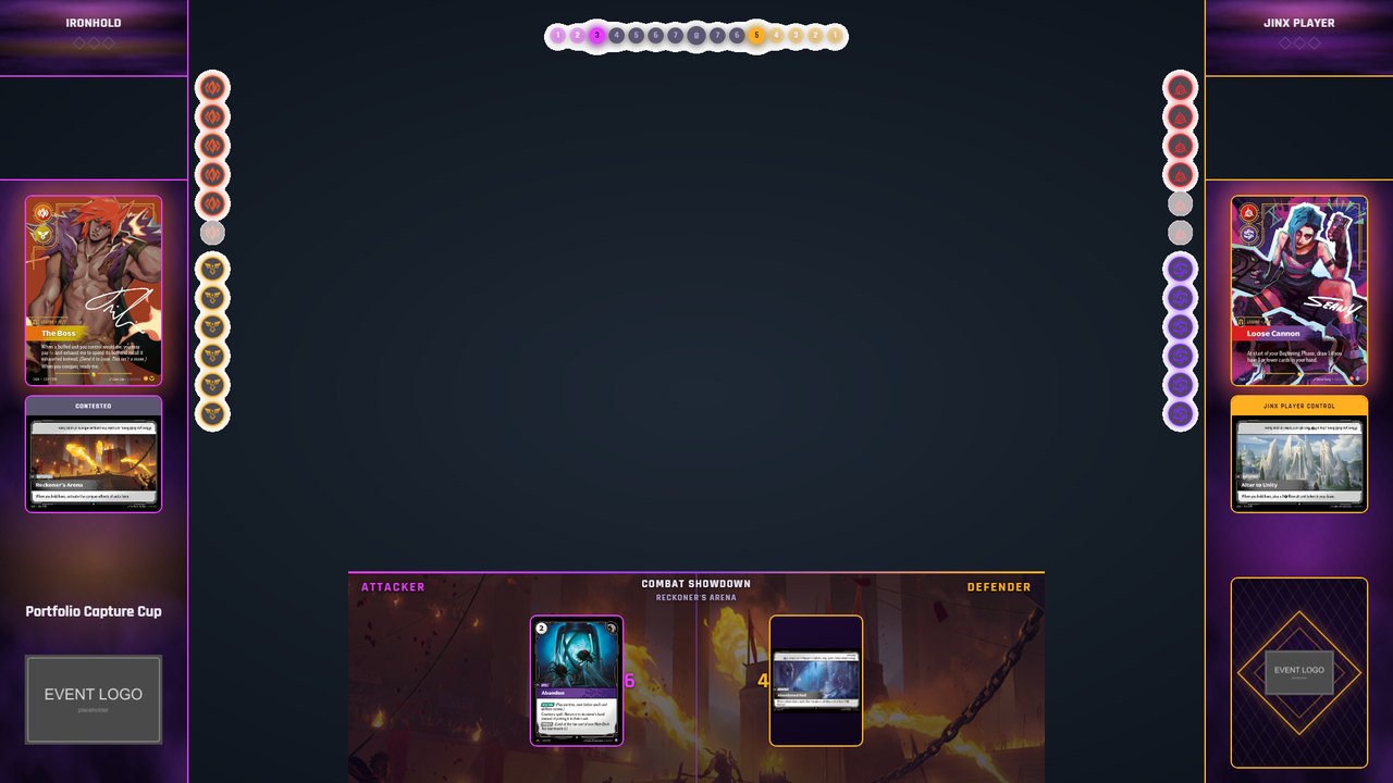 Riftbound overlay with rune clusters and the shared victory track
